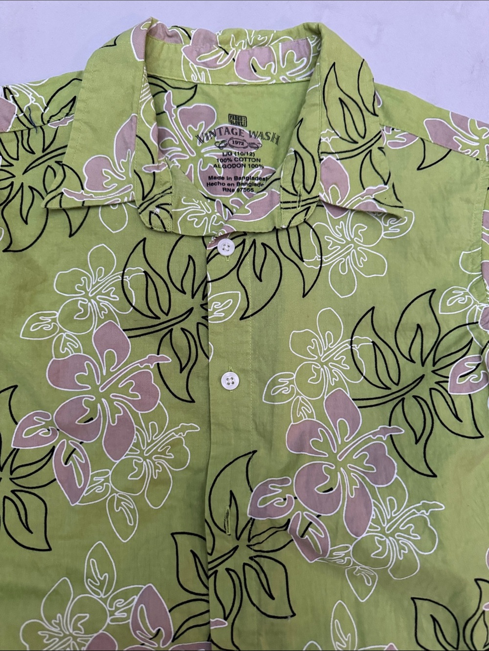 Kids Vintage Wash Avocado Green Floral Button-Down Shirt with tan floral print